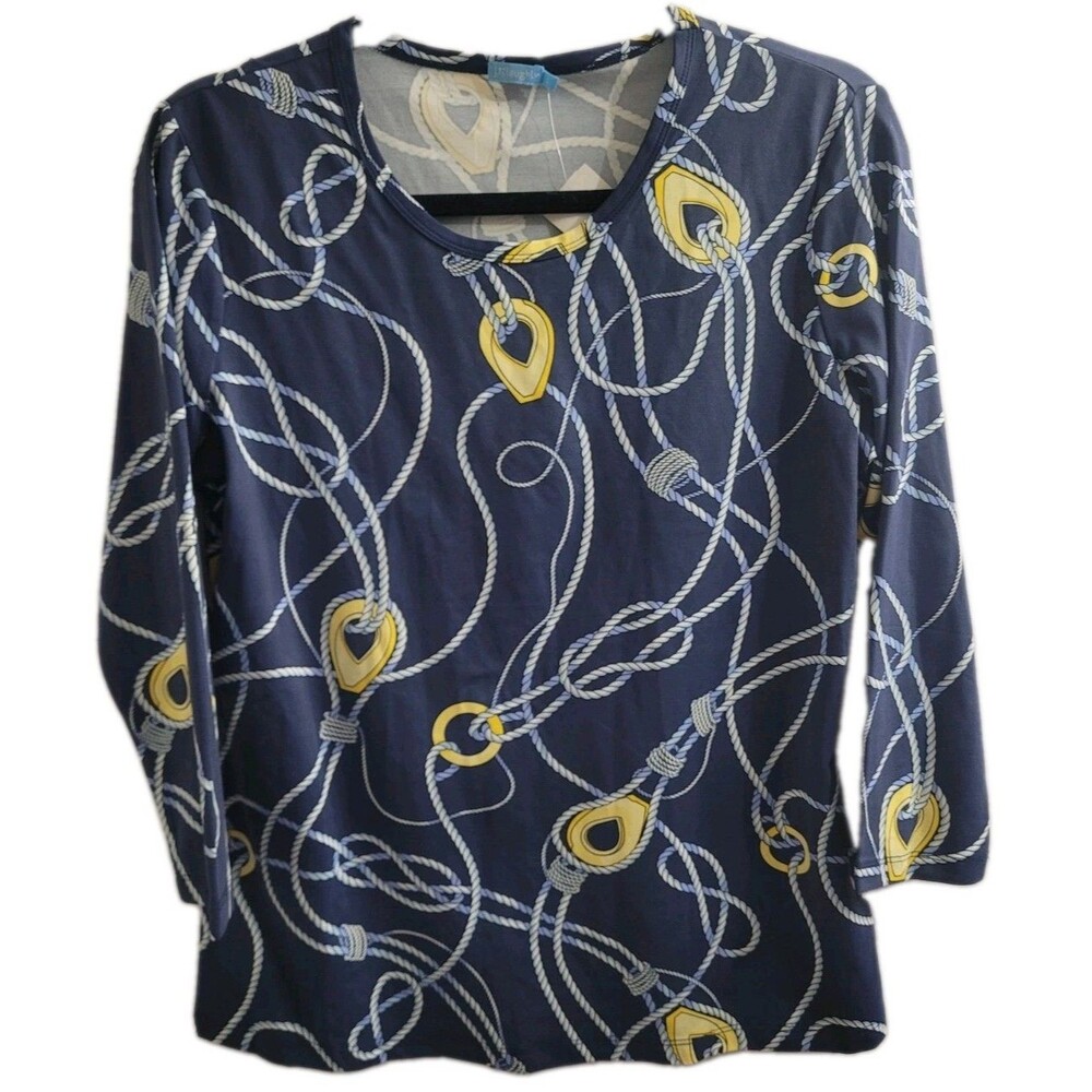 NWT J McLaughlin Signature Top L Navy Blue Togglewood Rope Print 3/4 Sleeve